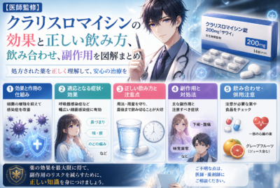 【医師監修】クラリスロマイシンの効果と正しい飲み方、飲み合わせ、副作用を図解まとめ