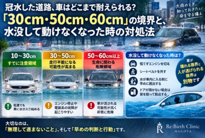 冠水した道路、車はどこまで耐えられる? 「30cm・50cm・60cm」の境界と、水没して動けなくなった時の対処法